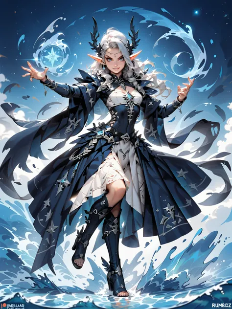 (from front, full body, look at viewer)A beautiful age witch(Suspicious Smile ,  Silver Hair, blue,slender,curved proportions),((hands forward, dynamic pose, water orbs, water magic, action pose, dramatic lighting))。
enchanting leather gothic robe、 elf ear...