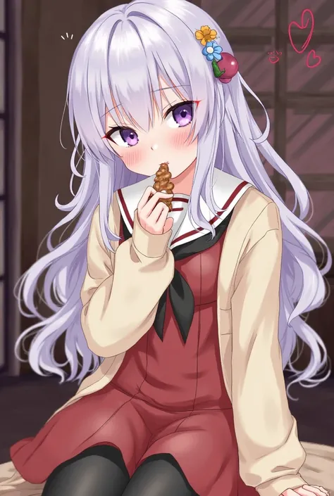 1 girl, solo, flat collar, hair accessory, long hair, hair flower, flower, food, pantyhose, purple eyes, sitting, blushing, holding, looking at viewer, long sleeves, black pantyhose, dress, holding food, hair between eyes, legs out of frame, open clothing,...