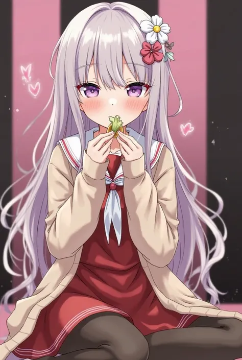 1 girl, solo, flat collar, hair accessory, long hair, hair flower, flower, food, pantyhose, purple eyes, sitting, blushing, holding, looking at viewer, long sleeves, black pantyhose, dress, holding food, hair between eyes, legs out of frame, open clothing,...