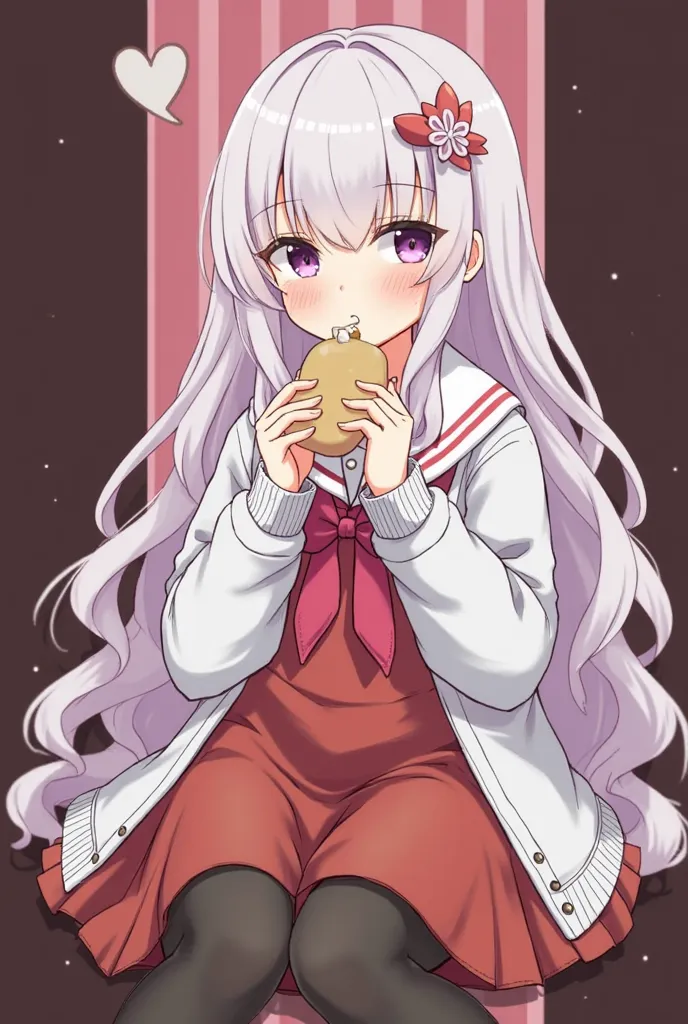 1 girl, solo, flat collar, hair accessory, long hair, hair flower, flower, food, pantyhose, purple eyes, sitting, blushing, holding, looking at viewer, long sleeves, black pantyhose, dress, holding food, hair between eyes, legs out of frame, open clothing,...