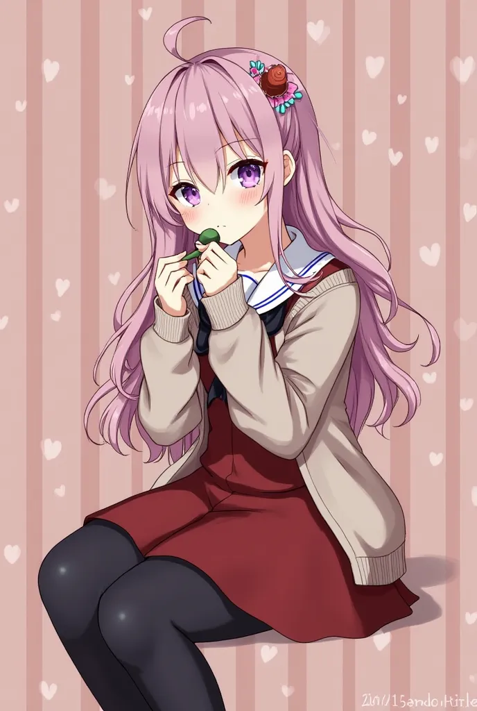 1 girl, solo, flat collar, hair accessory, long hair, hair flower, flower, food, pantyhose, purple eyes, sitting, blushing, holding, looking at viewer, long sleeves, black pantyhose, dress, holding food, hair between eyes, legs out of frame, open clothing,...