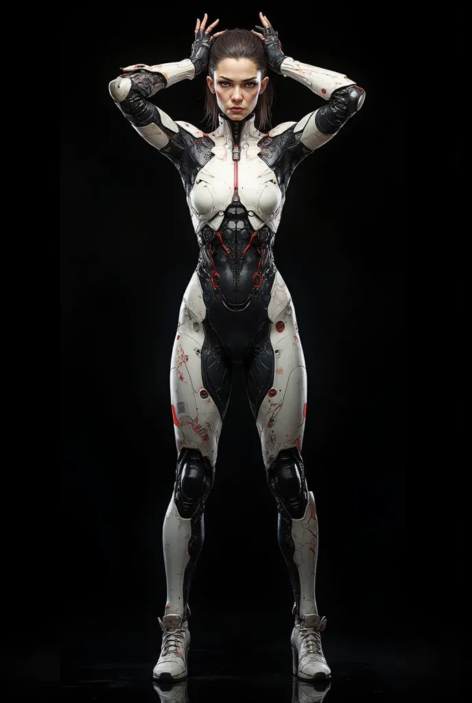 YFG-Fwshn, (in the style of cksc:2) anime dreadmirthart, sharp photo of a 3D rendering of a futuristic woman standing with her arms raised above her head. She is facing the viewer with a serious expression on her face. The woman is wearing a white and blac...