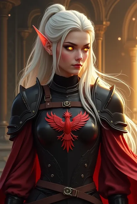 Picture a handsome warcraft elf, long white hair, that develop in the wind.  long elven ears . The eyes are glowing with golden light,  is like magic . She is wearing black red armor, and there's a red phoenix on my chest. Picture a female veteran knight. ...