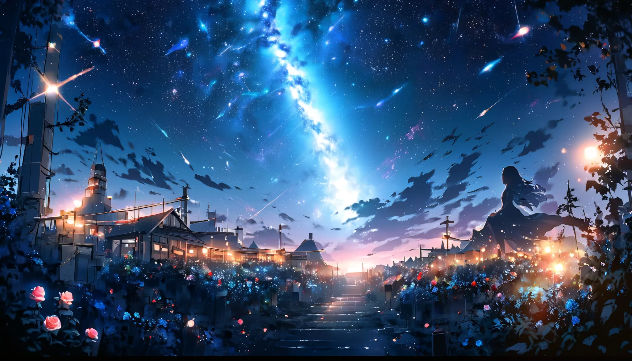 masterpiece, concept art,  panorama,  Vine , shape, wide shot, garden,  night , (meteor),  space galaxy background , ( 20 million pixel photo ,  epic scale), dynamic lighting, bright color,  blue rose ,Landscape Long Lashes, Solid Circle Eye,  Silver Hair,...