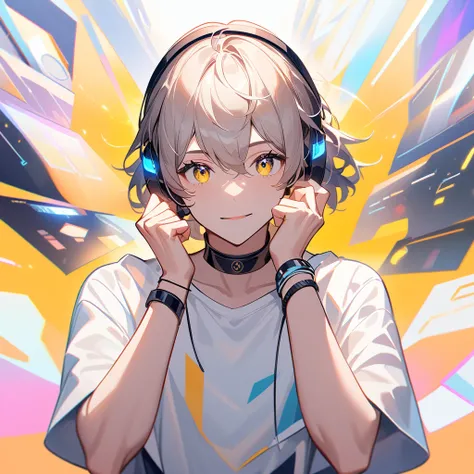 Create an anime-style illustration featuring a young man with dark, messy, shoulder-length hair. He's wearing a white short-sleeved shirt, Slightly open at the collar to give him a relaxed and laid-back look. Above his ears, He's wearing modern gaming head...