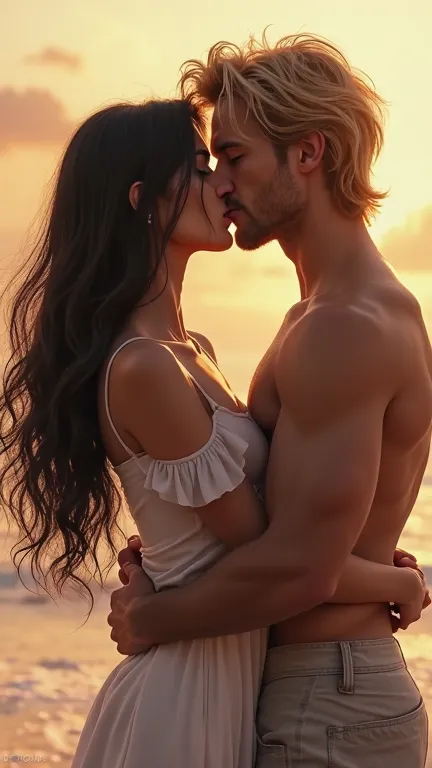 a couple kissing, the woman is facing away and has long wavy black hair, the man has blonde hair