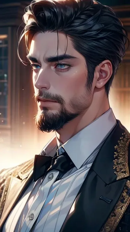 (    best quality,4K,8k,       highres,    masterpiece :1.2),    ultra-detailed    ,(Realistic,photoRealistic,photo-Realistic:1.37),36-year-old man,3 day beard,Beautiful anime,Portraits,strong,masculine,        with black hair  ,sharp jaw,             mesm...