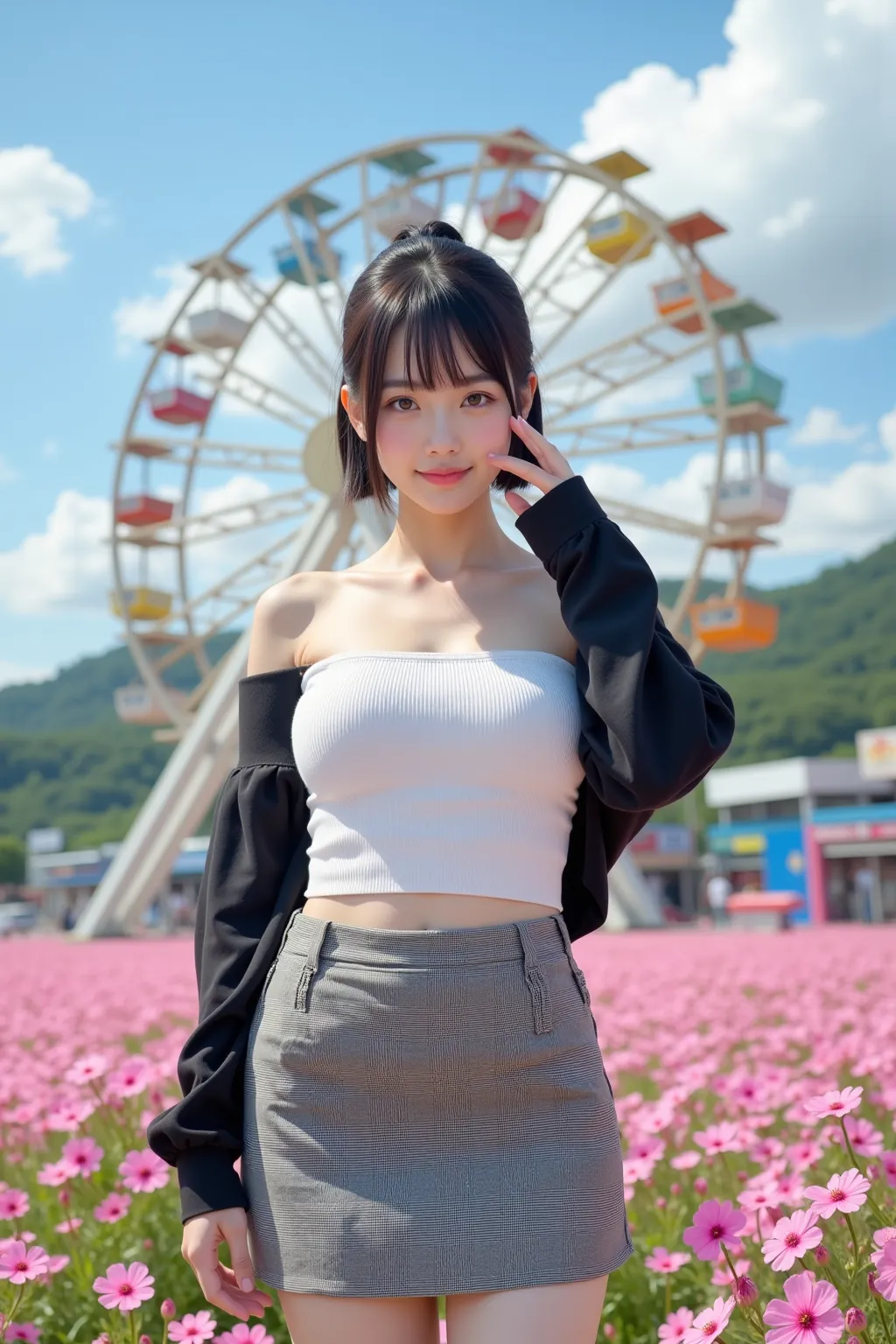 masterpiece, nsfw,8k,( tidy 1 Girl   ,  slim body,  short, flat chest, has narrow shoulders , Wide pelvis,   small ass in plain black,    thick, curvy thighs  ,  taken from below   ),(   Japanese girl on a ferris boat  ,  Height: 154cm   ,PALE SKIN),  abov...