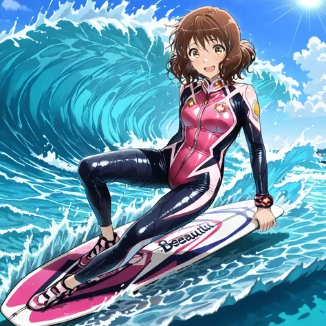 (masterpiece, best quality,amazing quality:1.2),(fullbody focus:1.2),(soro beautiful woman:1.5),Oumae Kumiko,(Surfing:1.3), in the sea, on wave, wet suit, (wet hair:1.3),
ride on surfboard,moving,dynamic,rough waves, happy expression 