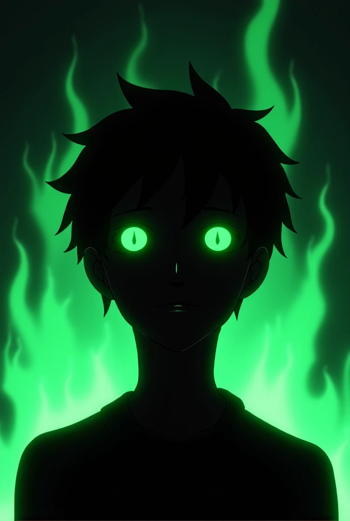 Completely black background with neon green flames and in the foreground a person of whom you only see a head who is also completely black, That means you don't see a nose or mouth only the eyes that are neon green and the person looks bad. All but in anim...