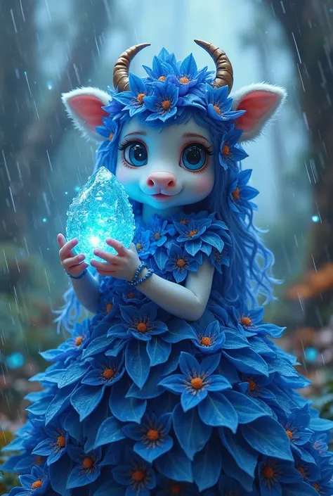 Siluette of cute Deep Azure flowers in her hair blue eyed beautiful happy Plush cow sorceress with azure Orchid crown on her neck with the Flowers in her hair whitch wearing weavery Azure fantasy gown made fully from the Deep Blue Orchid petals dress is sh...