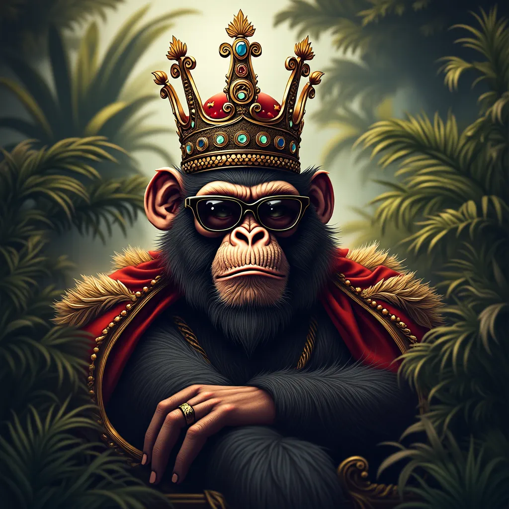 Boss monkey wearing a crown and sunglasses