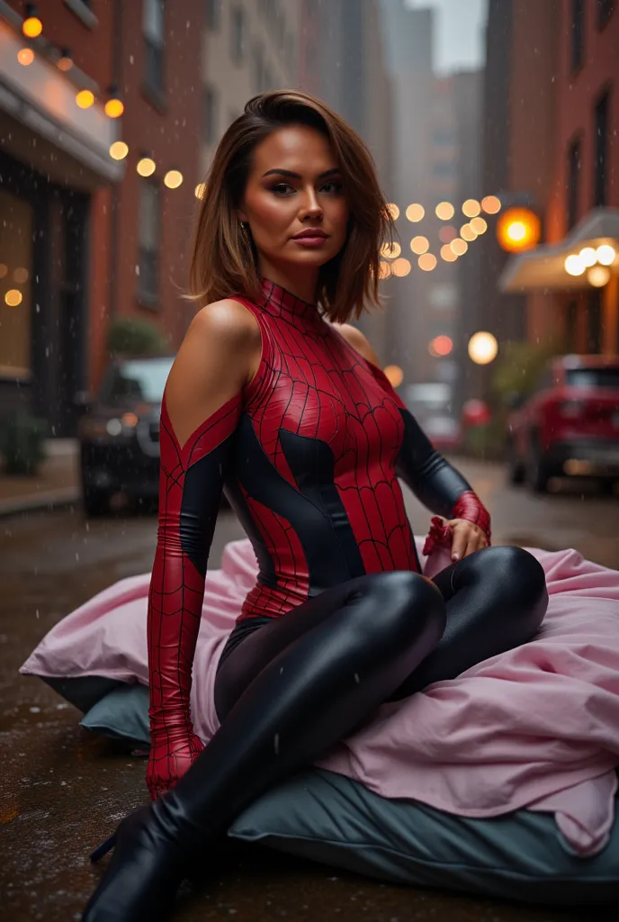 TaliaMar, A stunning woman in a sleek, form-fitting SpiderGwen cosplay, posing seductively in a rainy gloomy New York street. Her short shoulder-length hair, complementing her confident and alluring gaze. The ambient lighting enhances her natural curves, c...