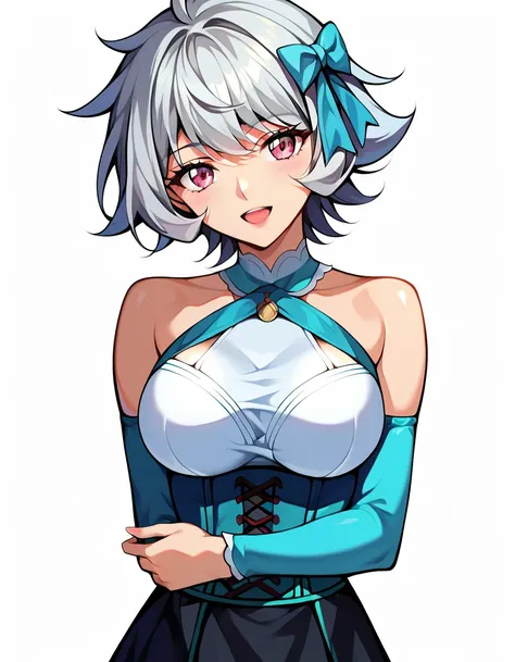 (masterpiece, best quality:1.2), 1girl, horanai yuya, mature female, large breasts, solo, silver hair, short hair, wispy bangs, straight hair, flipped hair, anime coloring, highly detailed, white background, simple background, facing viewer, tsurime, pink ...