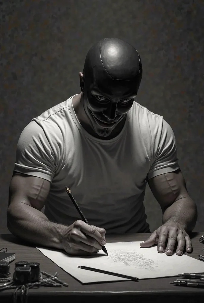 Muscular man wearing t-shirt, Wearing an Anonymous mask, drawing at a desk 