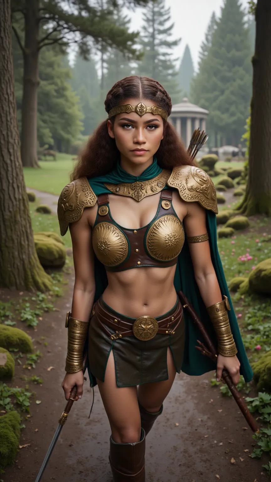 Zendaya is reimagined as a Warrior Amazon walking and holding a sword 1 female､ full figure, full body, cleavage. She has medium-length dark brown hair styled in a series of tight braids, woven with leather cords and small bronze beads. Her hazel eyes are ...