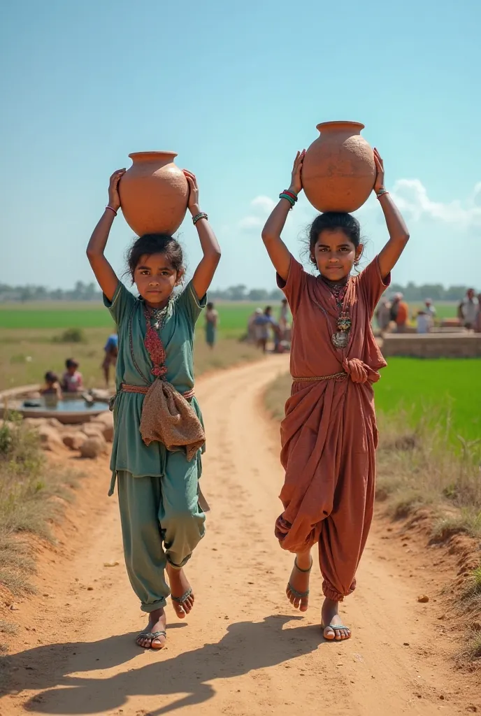 Image Prompt:
"Two young Pakistani girls in simple clothes, balancing clay pots of water on their heads, walking barefoot on a dusty village path. The background shows a bright blue sky, green fields, and a well where other villagers are gathered. Their fa...