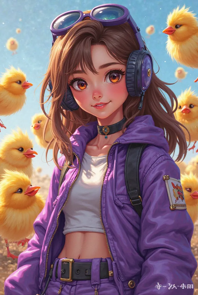 Create a girl ,  with white skin , brown hair,  brown eyes ,  pink lips , dressed as a gamer and that her clothes are purple surrounded by colorful chicks 
