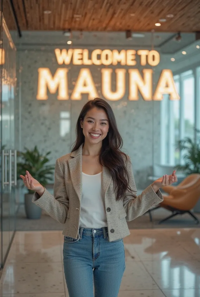 Create an image of a friendly young woman standing in a modern office lobby, warmly inviting people inside. She has a bright smile, open arms, and a welcoming posture. The office features sleek glass walls, stylish furniture, and a professional yet invitin...