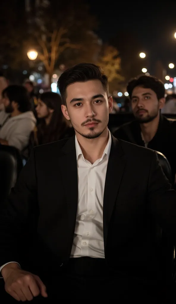 a handsome young turkish guy with muscle, dark very short hair fade middle parting and goatee beard  he wearing a black suitjacket and white shirt and he is in a cabrio car with black seats he driving amateur photo random picture and location is germany he...