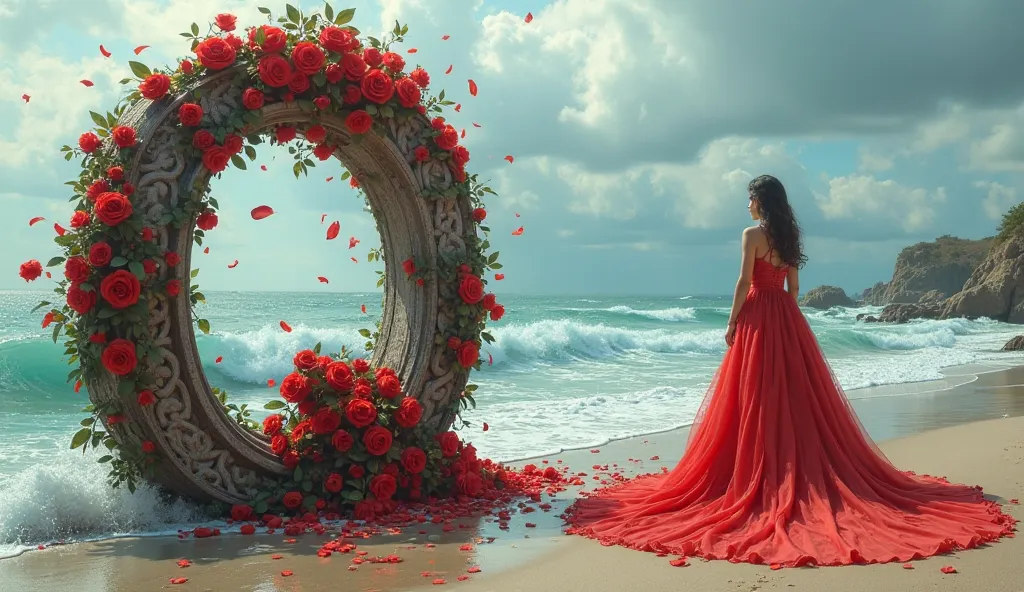 Here is a detailed prompt to create a similar image:

"Create a surreal digital painting with two distinct scenes. On the left, depict a large, ornate letter 'Q' made of carved wood or stone, adorned with red roses. The scene should have an ocean backgroun...