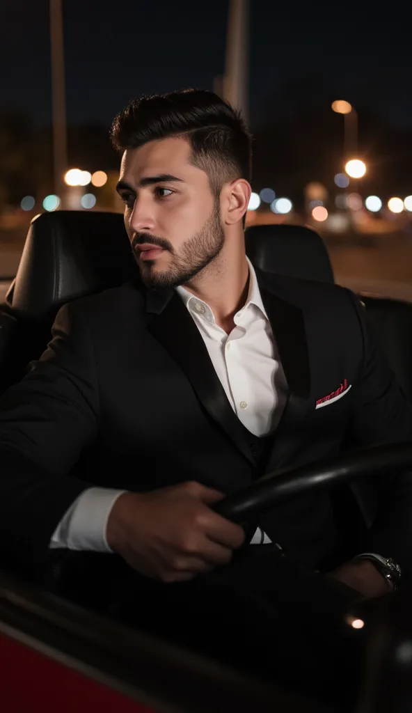 a handsome young turkish guy with muscle, dark very short hair fade middle parting and goatee beard  he wearing a black suitjacket and white shirt and he is in a cabrio car with black seats he driving amateur photo random picture and location is germany he...