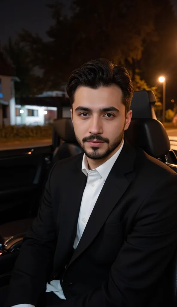 a handsome young turkish guy with muscle, dark very short hair fade middle parting and goatee beard  he wearing a black suitjacket and white shirt and he is in a cabrio car with black seats he driving amateur photo random picture and location is germany he...