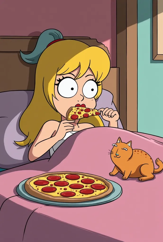 cartoon of a woman laying on a bed with a cat, a comic book panel by Kanbun Master, tumblr, happening, cartoon network stillframe, video game cutscene, cel-shaded:17, jaidenanimations, cutscene footage, cutscene, buttercup eating pizza, cell shaded adult a...