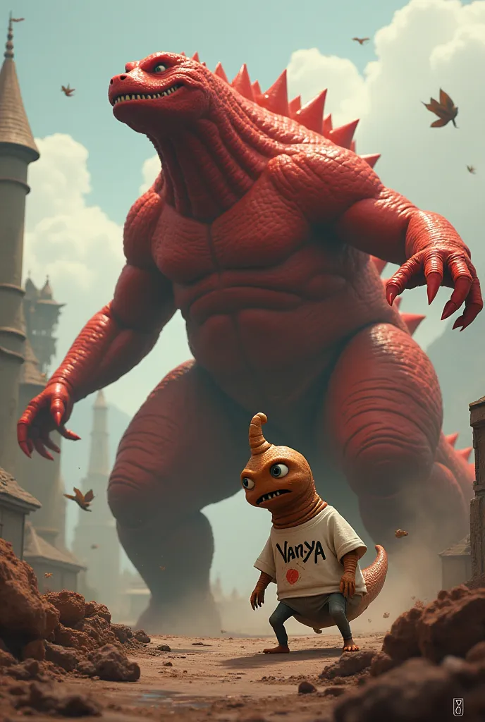 Poop in a shirt with an inscription "Vanya" fights with red godzilla