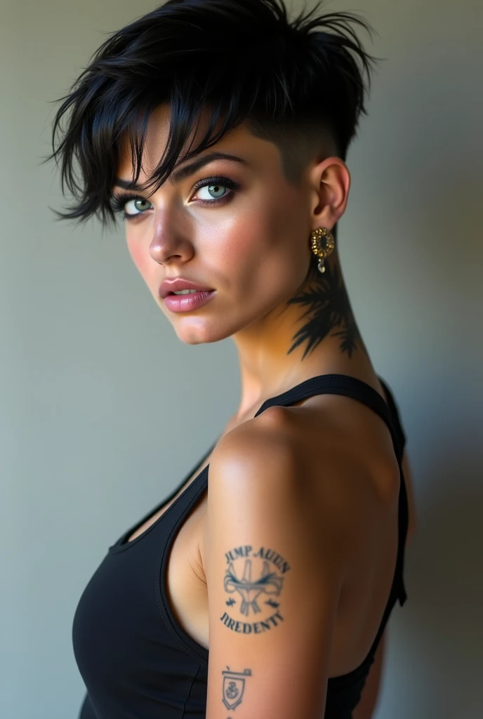 A woman, Iranian, 30, masculine, sexy, short black hair (tomboy style, sides shaved) , blue eyes, tattoos on her neck, wearing a t-shirt, built athletic body, realistic, portrait, hd