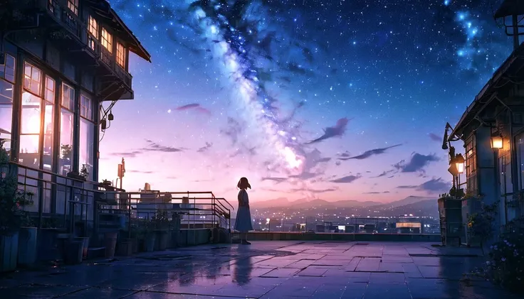 Best Quality, masterpiece, very well detailed, detailed background, 4K, one girl, young girl, petite girl, sci-fi, SF, Outdoors, night , starry sky, greenhouse, Huge Structures, , wind景, scenery,  horizon , rooftop, sitting on rooftop, wind,  looks away,  ...