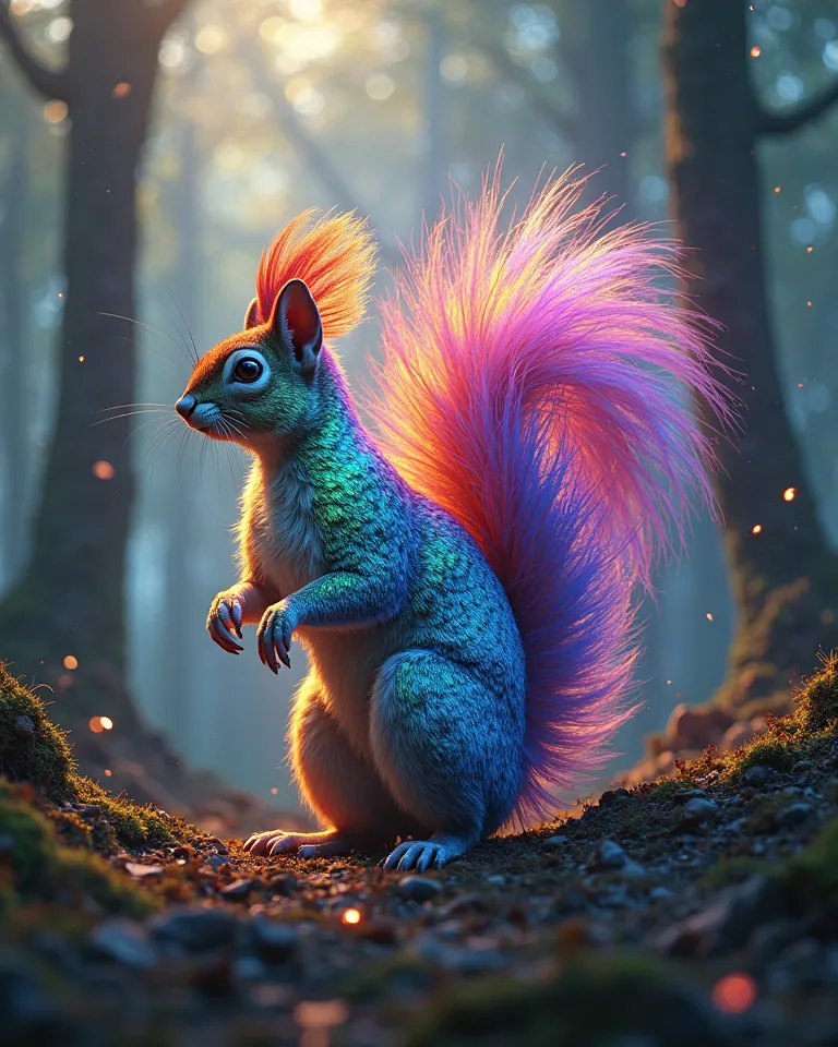  A squirrel with vibrant, supernatural fur that shines from within, radiating an otherworldly glow. The hairy tail is reimagined with surreal and psychedelic patterns that flow and change color fluidly, resembling a kaleidoscope of shades, but with extra-n...