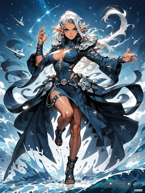 (from front, full body, look at viewer)mature witch(Suspicious Smile ,  Silver Hair,brown skin,slender,Big Breasts,curved proportions),((hands forward, dynamic pose, water orbs, powerful water currents, action pose, dramatic lighting))。
enchanting leather ...