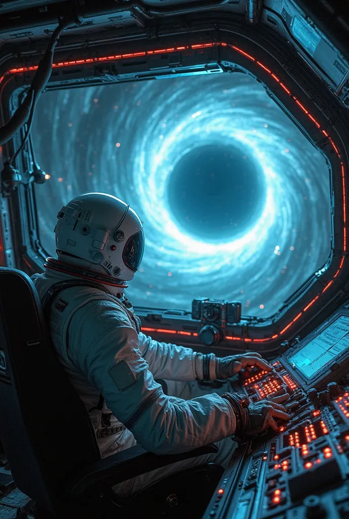 Inside the cockpit of the ECHO-7 spaceship, an astronaut in a sleek, futuristic white suit sits at the controls. The ship's interior is dimly lit with glowing blue and red control panels. A massive wormhole swirls ahead, visible through the reinforced glas...