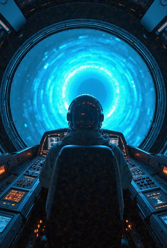 From inside the cockpit of the ECHO-7, the pilot braces as the ship nears the glowing wormhole. The swirling blue vortex fills the front view, radiating energy. The ship’s neon-lit dashboard reflects on the astronaut’s helmet. The interior remains futurist...