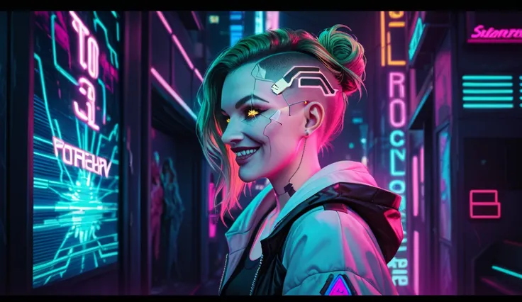 Girl with a sweatshirt and a neon mask, Phantom neon, neon & dark,  profile picture 1024px,  Background image, dark art style, neon cyberpunk,   evil smile and glowing eyes  , arte synthwave, neon Black,  cyberpunk art style , scary style, bright cyberpunk...