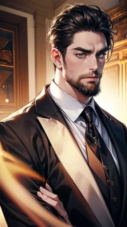 (    best quality,4K,8k,       highres,    masterpiece :1.2),    ultra-detailed    ,(Realistic,photoRealistic,photo-Realistic:1.37),36-year-old man,3 day beard,Beautiful anime,Portraits,strong,masculine,        with black hair  ,sharp jaw,             mesm...