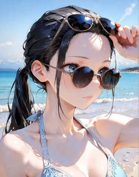  (masterpiece, Best Quality, great quality, detailed background, complicated details, is ridiculous, very aesthetic,Alone,Alone focus)
BREAK medium breasts,black ponytail,  black hair、beautiful woman,light blue eyes,Slicked back hair, forehead exposed,Rais...