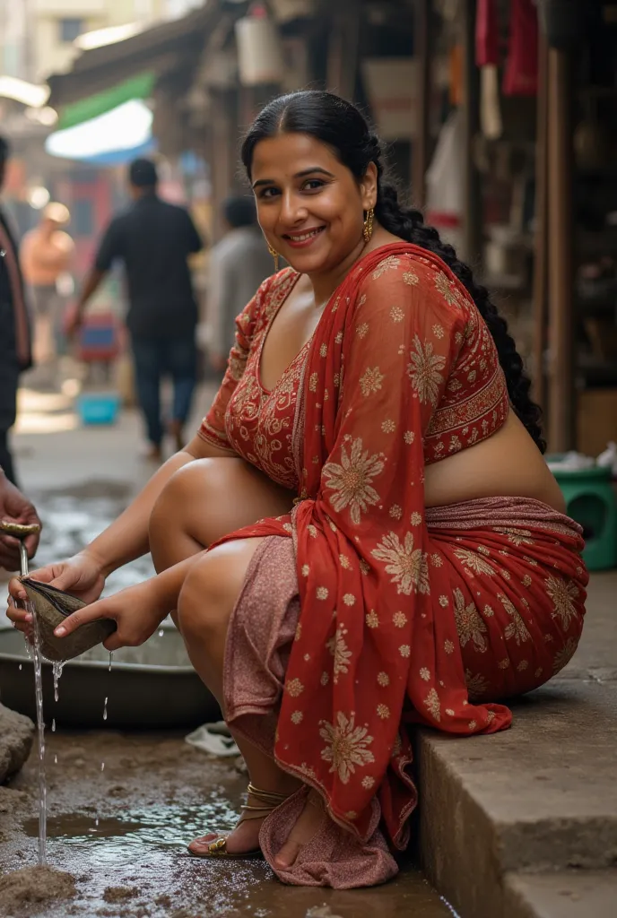 Realistic indian plus size bollywood actress Vidya Balan washing clothes. Exposing her massive gigantic thighs and thick fat calves. Her blouse is very low exposing her massive breast and huge clevage. Her long ruffled hair tied in a braid. She is looking ...