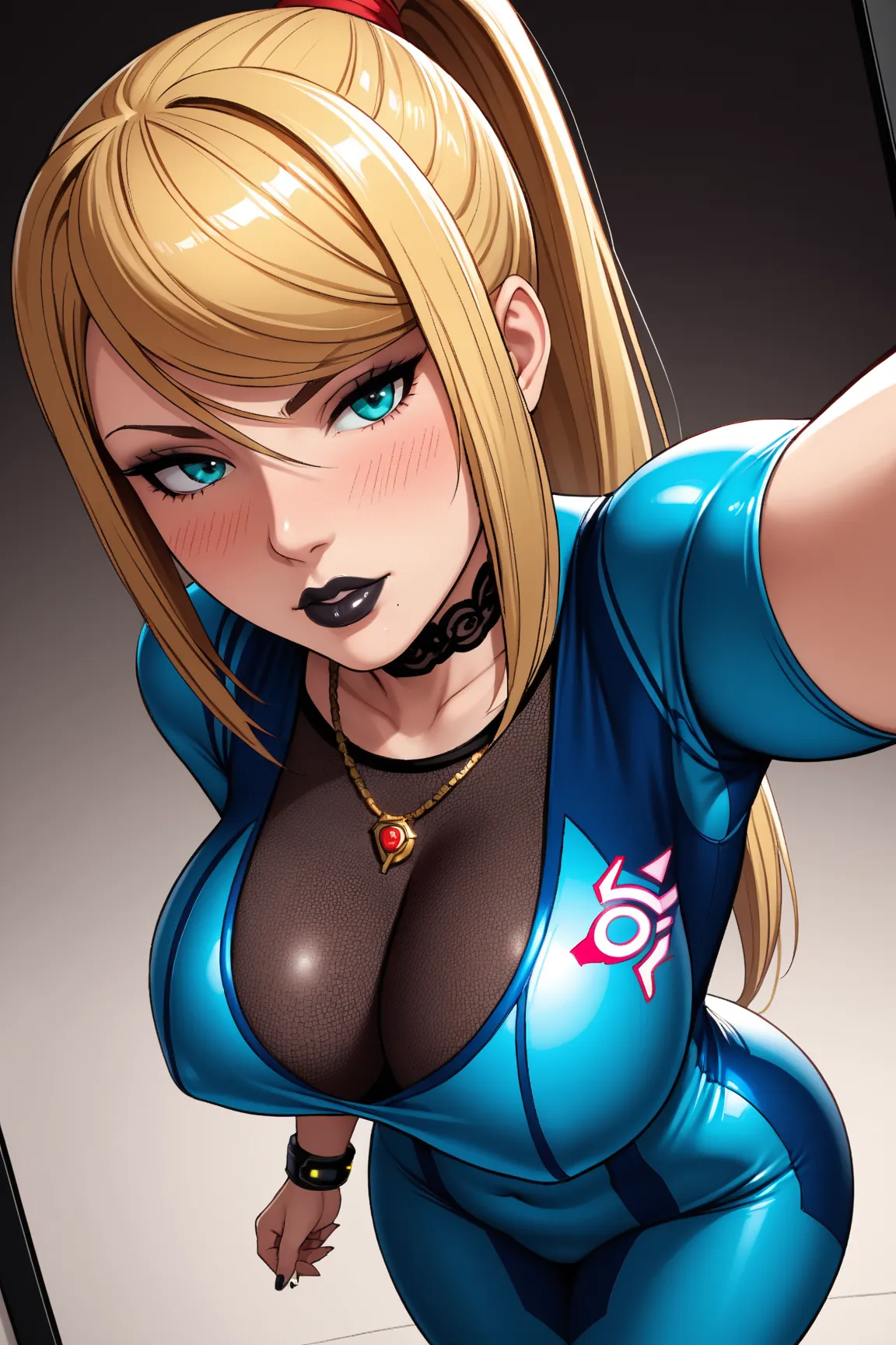 Only single character, anime girl (Goth-girl, Samus Aran), high angle, selfie shot, looking at viewer, front view, cold stare, blushing, seductive pose, black lipstick,  detailed lips, necklace, wearing succubus outfit, beautiful detailed eye, beautiful ha...