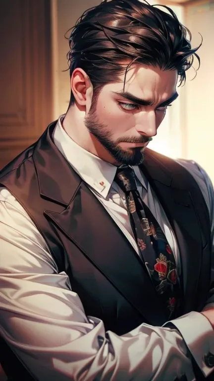 (    best quality,4K,8k,       highres,    masterpiece :1.2),    ultra-detailed    ,(Realistic,photoRealistic,photo-Realistic:1.37),36-year-old man,3 day beard,Beautiful anime,Portraits,strong,masculine,        with black hair  ,sharp jaw,             mesm...