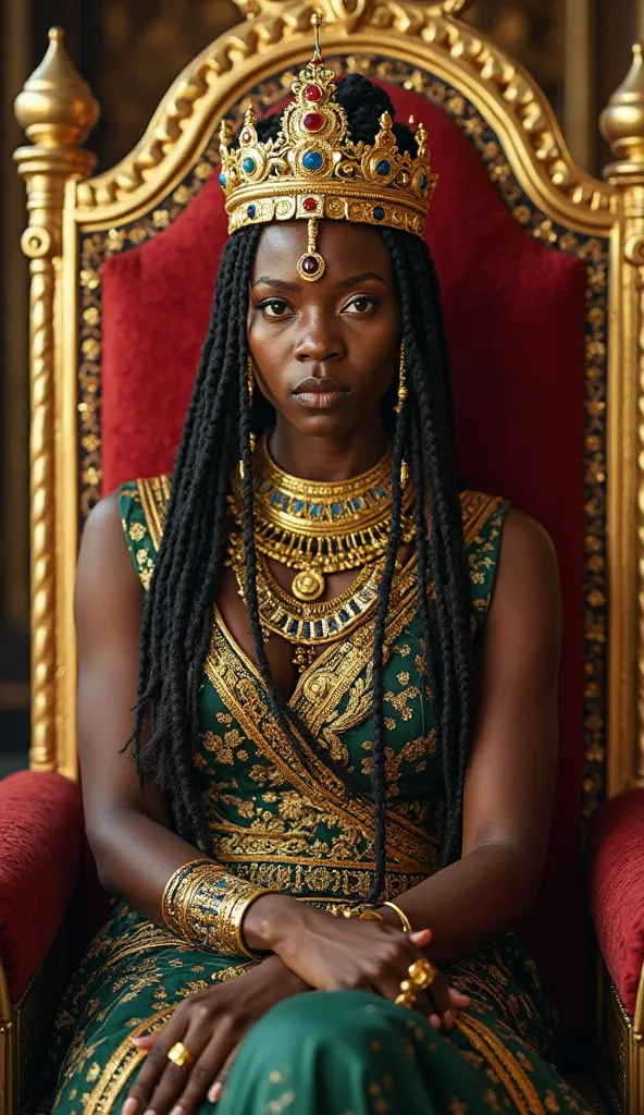 "A regal African queen seated on an ornate golden throne with a deep red velvet cushion. She has a commanding presence, exuding power, wisdom, and nobility. Her dark, radiant skin contrasts beautifully with her intricately braided hair adorned with golden ...