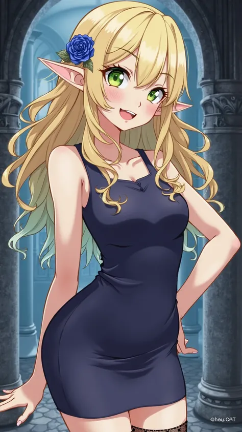 high quality, anime style,  a woman, Pointy Ear Elf,  Wavy blonde hair  ,  long hair, green eyes, Squint, droopy eyebrows , blue rose, Navy Mini Dress, sleeveless,  fishnet socks, Gothic Ruins Background, Smile at you 