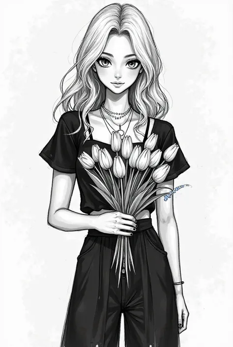 Create an image with a close-up of a girl's hand holding a bouquet of tulips. Girl dressed in black with wavy hair to her chest. Short blouse with straps. Wide black pants. And necklaces around her neck. 1 cross MAKE A SKETCH. LIKE A DRAWING. BLACK AND WHI...