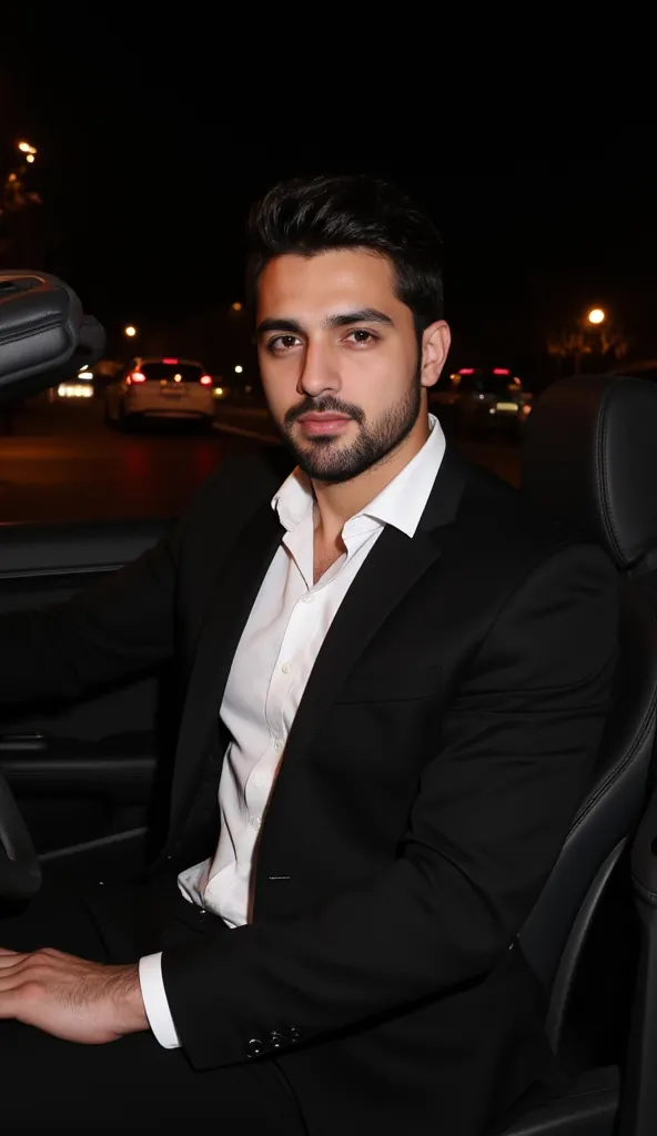 a handsome young turkish guy with muscle, dark very short hair fade middle parting and goatee beard  he wearing a black suitjacket and white shirt and he is in a cabrio car with black seats he driving amateur photo random picture and location is germany he...