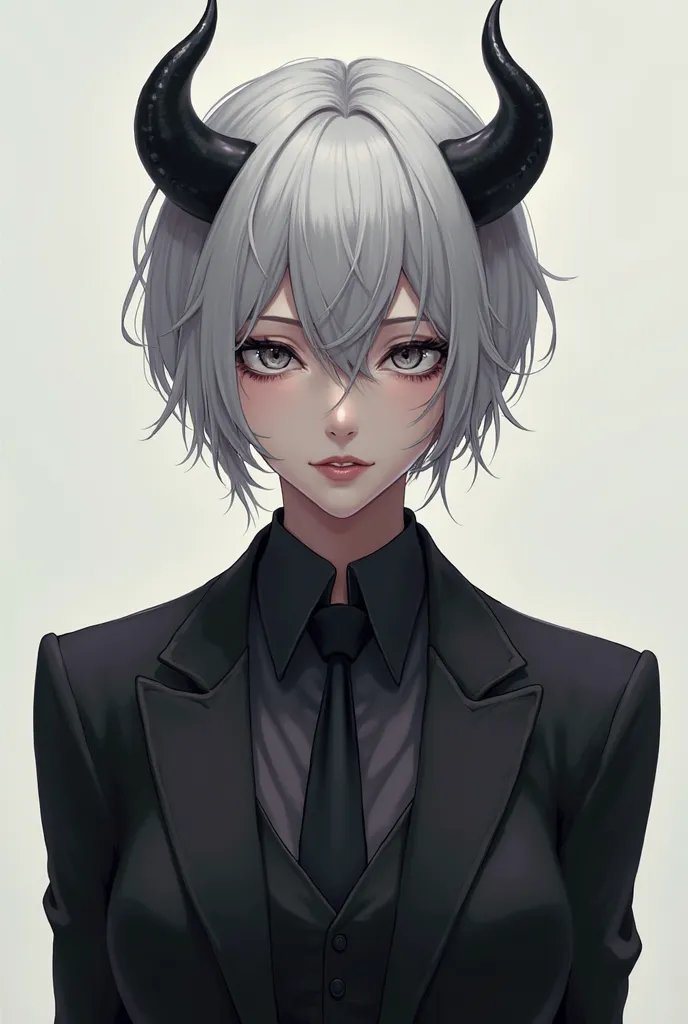 Short hair in front, strappy shoulders, light gray hair, black horns, gray eyes, black suit, anime