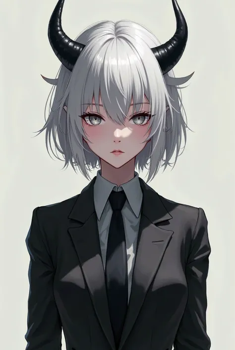 Short hair in front, strappy shoulders, light gray hair, black horns, gray eyes, black suit, anime