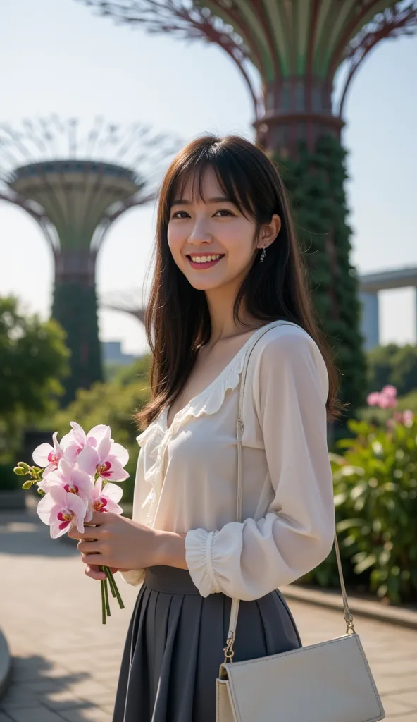  super real, PHOTOREALISTIC, dramatic scene, shadow, Global Illumination, Alone, ( 20 year old famous Japanese idol woman ), Very beautiful壊れやすい日本の少女, Very beautiful、 very cute face, She's wearing an elegant ruffle shirt,  Simple Shoulder Bag , Loose long ...