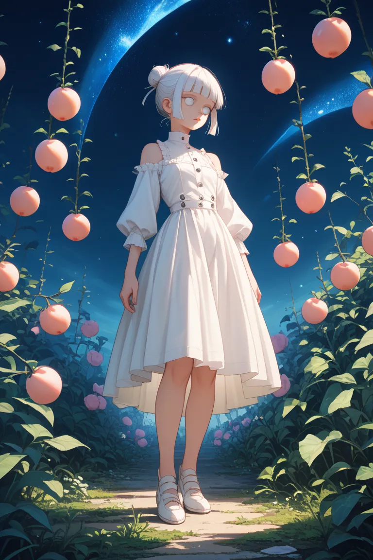 masterpiece, best quality, ultra detailed. 1girl, white hair, short bun hairstyle , blunt ends, white blouse, knee height fancy skirt with buttons, night sky, clear eyes, white eyelashes, peach colored lips, vibrant looking eyes hinting moonstone color, wi...