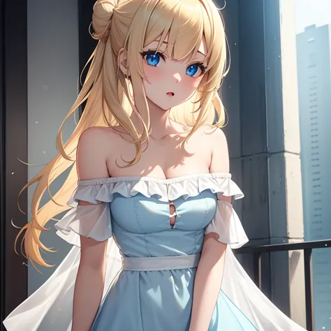 4K,source_anime, score_9, score_8_up, score_7_up, 1girl,Women 20s,blond hair,Transparent white skin,Bangs are swept short,half updo,off-the-shoulder top,Light blue dress,got both hands on his cheeks,long hair,blue eyes